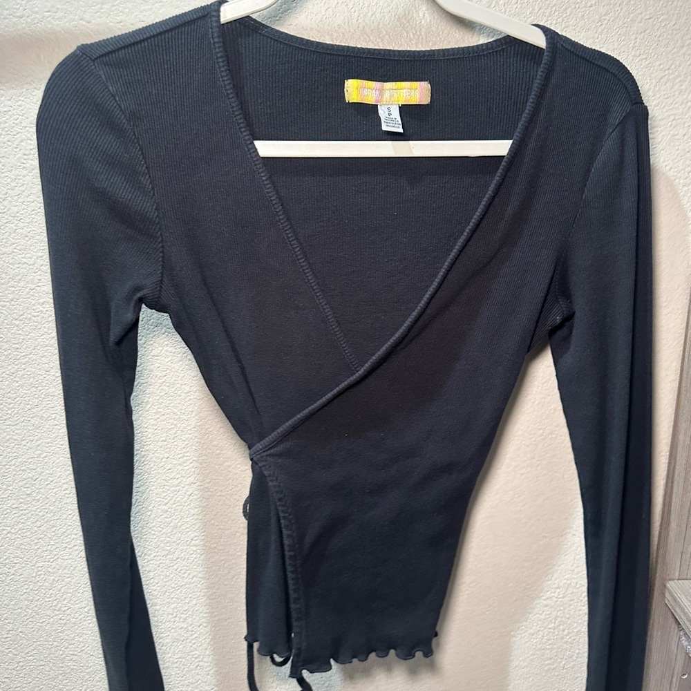 Urban Outfitters Black Ribbed Wrap Long-Sleeve Top